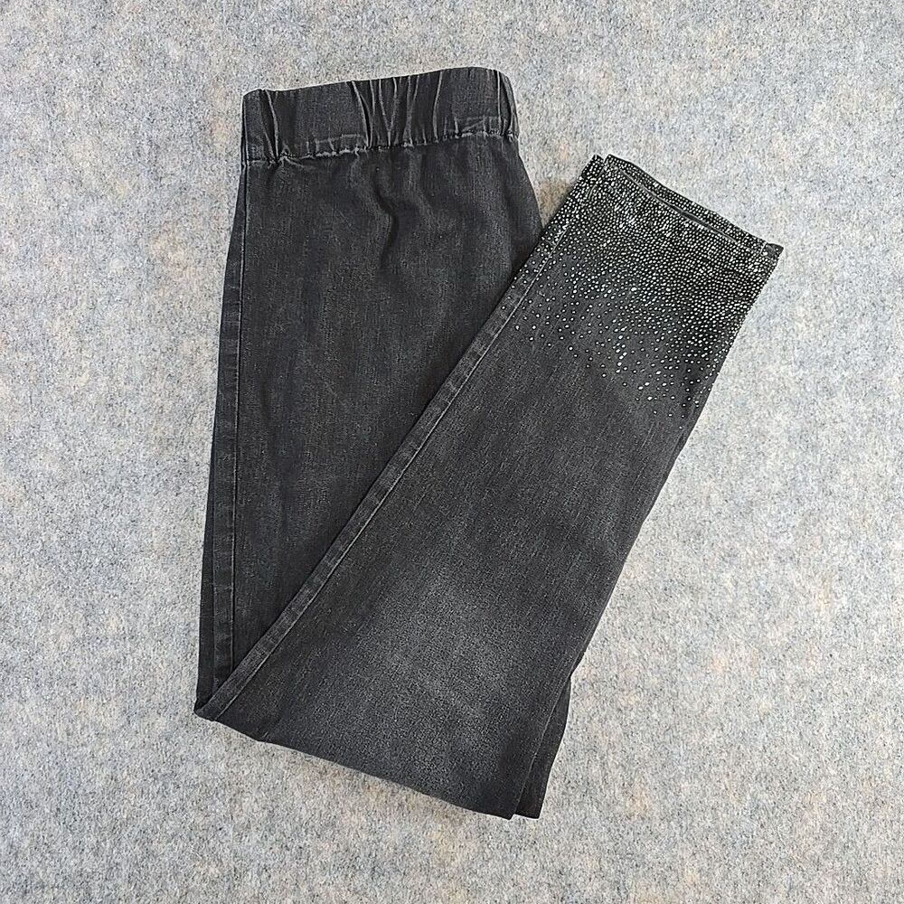 Soft Surroundings Black Dazzle Rhinestone Metro Denim Jeggings Pull On Jeans L